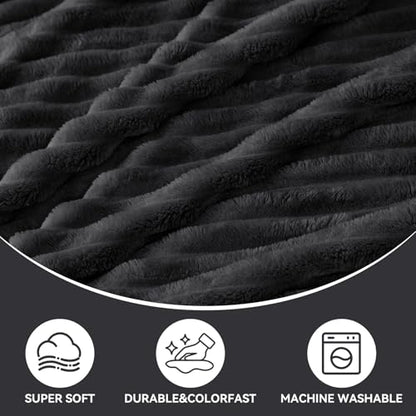 Nookly Black Twin Size Fleece Blanket, Soft Lightweight Ribbed Plush Bed Blanket, Cozy All-Season Striped Fleece Twin Throw for Bedroom and Home, 60x80 Inches - color: Black, size: Twin(60"x80")