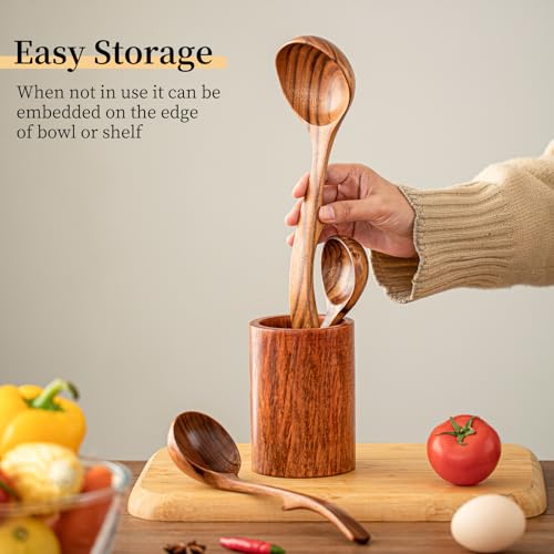 Gudamaye 3 Size Wooden Soup Ladles Set,3 Hooks for Bowl,Pot. Natural Teak Wooden Ladle,10.6 inch Big Soup Ladle, 9 inch Serving Spoon & 8 inch Wood Ladles for Cooking,Teak Deep Ladle Spoons - style: 3 PCS Teak Ladle