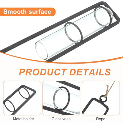 PATIKIL Plant Propagation Wall Hanging Terrarium with Metal Holder, 3 Sets Small/Medium/Large Glass Planter Tube Vase for Hydroponic Flower Office Bathroom Bedroom Decor, Black