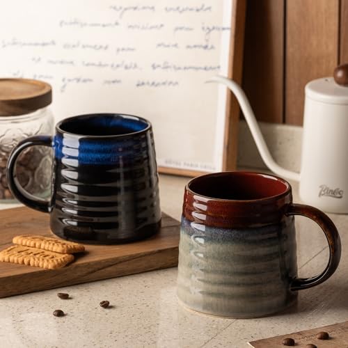 15.5oz Large Heavyweight Ceramic Mug, Reactive (Blue-Black) | 15.5oz Medium-Large, Heavy Weighted Stoneware, Reactive Transmutation Glaze, Microwave & Dishwasher Safe, Gift Box - color: Blue-Black