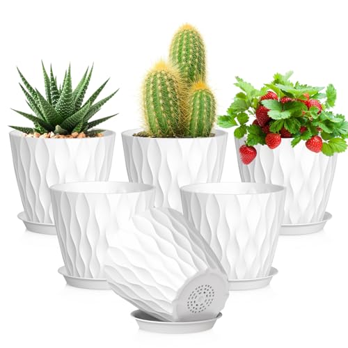 Meowell 5 inch Plant Pots for Indoor Outdoor Plants, 6 Pack Thick Nursery Pots with Drainage Holes and Saucers, 3D Modern Wave Texture Small Plastic Planter Flower Pots for Succulent, Herb, White - color: White, size: 5 inch 6 pieces