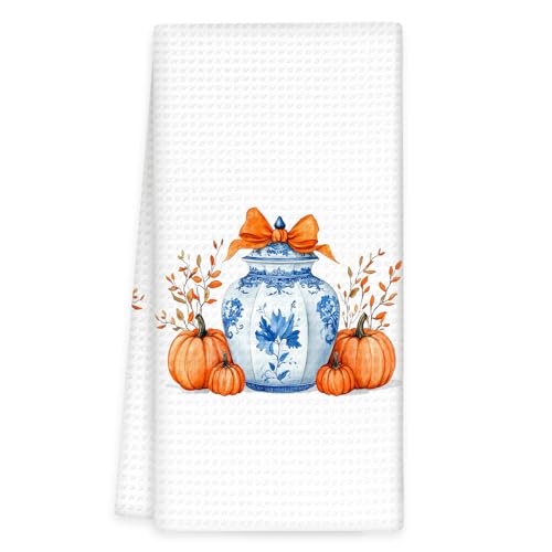 Fall Pumpkin Chinoiserie Kitchen Towels, Blue and White Porcelain Fall Hand Towels, Preppy Bow Pumpkin Dish Tea Towel for Kitchen Decorative, Chinoiserie Autumn Bathroom Kitchens Decor, 16x24 - color: Fall Bow