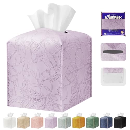 Tissue Box Holder Cover Square Tissue Cube Cover PU Leather Tissue Organizer with Bottom Belt for Bathroom, Tabletop, Kitchen, Night Stands, Office, Home, Car (1, Lightpurple) - color: Lightpurple