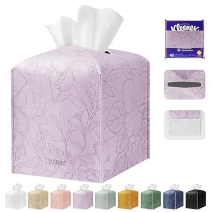 Tissue Box Holder Cover Square Tissue Cube Cover PU Leather Tissue Organizer with Bottom Belt for Bathroom, Tabletop, Kitchen, Night Stands, Office, Home, Car (1, Lightpurple) - color: Lightpurple