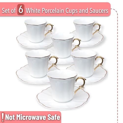 BTaT- Porcelain Espresso Cups Set, 3 oz, 6 Set, Small Coffee Mugs | Elegant White Cups Saucers Gold Trim Espresso Set Greek Arabic Turkish Coffee Gift Use - color: White, size: Set of 6