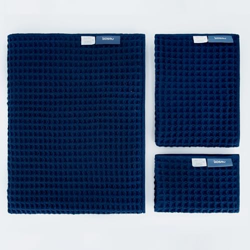 Luxury Organic Japanese Cotton Waffle Bath Towel | Thick, Absorbent, Quick Dry Bathroom Towels for Shower, Sauna, Onsen| Hotel & Spa Quality, Gift-Ready (Ocean Blue, Bath Sheet Set (3-Piece)) - color: Ocean Blue, style: Bath Sheet Set (3-piece)