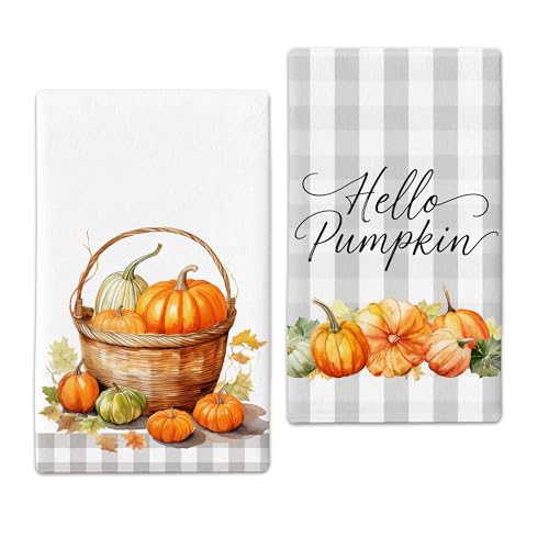 Hello Pumpkin Fall Kitchen Towels Decor Set of 2,Gtey Plaid Autumn Dish Towel 17"x27",Farmhouse Indoor Thanksgiving Halloween Seasonal Vintage Home Decorations Hand Towels - color: Pumpkin-grey