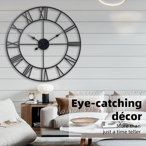 30 Inch Wall Clock for Living Room Decor, Black Roman Numeral | Silent Non Ticking, Battery Operated, Durable Metal Wall Clock for Dinning Room,Entryway,Home Office & Fireplace Decor