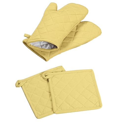 Oven Mitt (7"x13") & Pot Holder (8"x8") 100% Cotton Set of Heat Resistant Oven Gloves & Hot Pads for Gifts, BBQ, Cooking, Baking, Thanksgiving - Pale Yellow - color: Pale Yellow