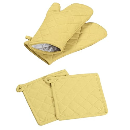 Oven Mitt (7"x13") & Pot Holder (8"x8") 100% Cotton Set of Heat Resistant Oven Gloves & Hot Pads for Gifts, BBQ, Cooking, Baking, Thanksgiving - Pale Yellow - color: Pale Yellow