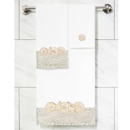 Seaside 4-Piece Luxury Towel Set, Sparkling Seashell Applique, Plush Turkish Cotton, Durable & Quick Dry, Nautical Bath Ensemble, 2 Bath 2 Hand Towels, White - color: White, size: 2 Pcs Bath 2 Pcs Hand Towel