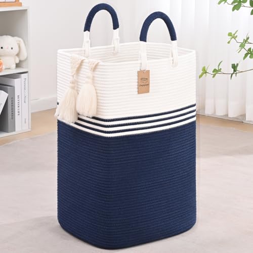 Laundry Basket Hamper,Blanket Storage,Dirty Clothes Hamper with Swivel Handles,Woven Cotton Rope Toy Baskets,Blanket Basket Living Room,Decorative Hampers for Nursery,Bedroom,White & Blue,100L - color: White & Blue, size: 100L