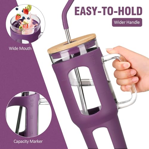 WINSA Glass Tumbler with Lid and Straw, 46 oz, Dark Purple | Iced Coffee Cup with Handle, Large Water Bottle with Silicone Sleeve, Pearl Straw & Drinking Straw, BPA Free - color: Dark Purple, size: 46 Ounces