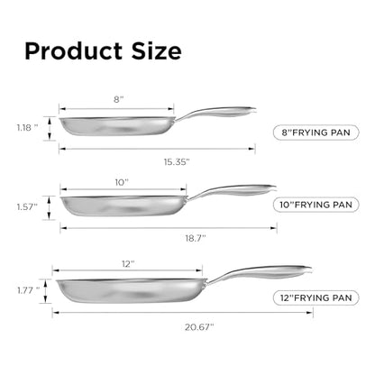 COOKER KING 3pc Hybrid Nonstick Frying Pans Set, 8, 10 & 12" Pans | Stainless Steel Pans,Chef's Pan,Skillets Dishwasher & Oven Safe, Stay-Cool Handles,Induction Compatible – Metal Utensil Safe - size: 8 10 12 Inch