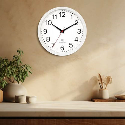 AKCISOT 10 Inch Wall Clock, Silent Battery Operated Analog Clock, White | Atomic | Classroom | Kitchen | Office | Easy to Read Numbers | Garage - color: Atomic_white, size: 10 Inch