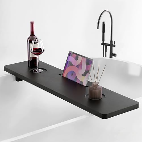 TINAMO 35" Acacia Wood Bathtub Tray, Adjustable Feet with Accessory Holders | Adjustable Width, Lightweight, 35" x 9" x 2.5", Anti-Tipping, Phone/Tablet Stand, Beverage Holder, Beveled Edge Design, Black - color: Black, size: 35" x 9" x 2.5"