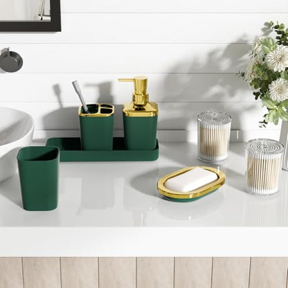 XLHOMO Bathroom Set - Dark Green Bathroom Sets with Shower Curtain and Rugs, 24PCS Shower Curtain Set with Hooks, Soap Dispenser, Soap Dish, Toilet Brush Holder and Trash Can for Housewarming - color: Dark Green and Gold, size: Bathroom Set+Shower Curtain