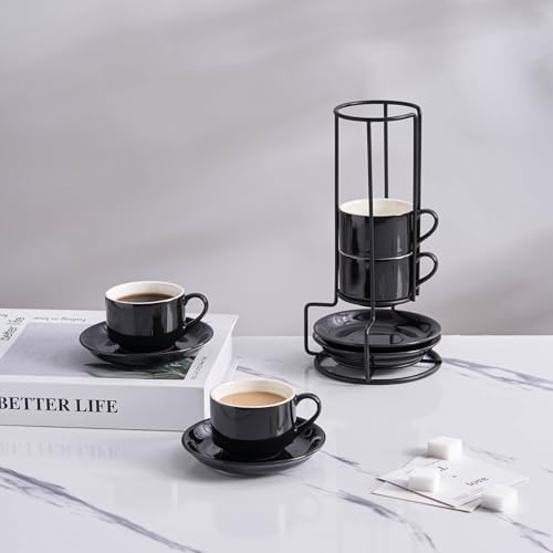 YOLIFE 2.5oz Espresso Cups Set of 4, Porcelain Stackable Espresso Cups, Expresso Shots Cup Set with Saucers and Metal Stand-Black - color: Black, size: 2.5oz