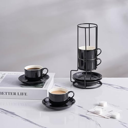 YOLIFE 2.5oz Espresso Cups Set of 4, Porcelain Stackable Espresso Cups, Expresso Shots Cup Set with Saucers and Metal Stand-Black - color: Black, size: 2.5oz