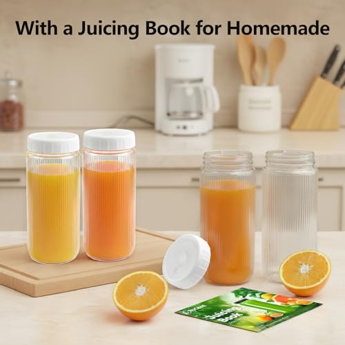 Ruckae 16oz Juice Bottles,Ribbed Glass Juicing Bottles with Lids,Smoothie Cup Lids and Straws,Water Bottle Mason Jar Drinking Glasses for Juicing,Smoothies,Kombucha (Clear-12 pack) - color: Transparent with Stripe, size: 16oz-12pack