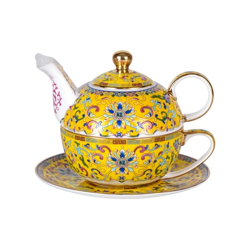 KAMMAK Tea for One Set, Ceramic Teapot, Bone China Tea Set, Cup and Saucer | Yellow, Vintage,Porcelain Stackable Tea Pot Set with Golden Trim for Coffee and Cappuccino, Ideal for Afternoon Tea and Gifts - color: Yellow