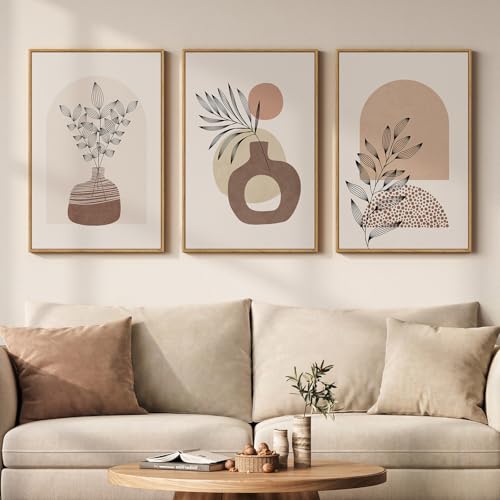 Framed Neutral Boho Wall Art Bedroom, 3 Piece Abstract Bohemian Brown Botanical Vase Canvas Artwork for Walls, Large Earth Tone Boho Pictures for Living Room Home Office Hallway Wall Decor, 16x24 Inch - color: Neutral and Black, size: 16" W x 24" H x 3Pcs