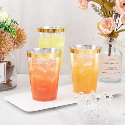 I00000 100 Pack 12 oz Gold Plastic Cups, Premium Gold Rimmed Plastic Cups | Heavy Duty, Everyday Use, BPA-Free, Bulk Catering, Wine Glasses, Cocktail Glasses, Gold Cups Perfect for Party & Wedding - color: 12-Gold-100