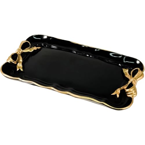 Warmtree Bow Jewelry Tray, Coquette Trinket Dish, Vanity Decor | Decorative Tray for Jewelry, Towel, Storage, Rings, Bracelets, Earrings, Cosmetics, Retro Design for Room Decor, Black - color: Black