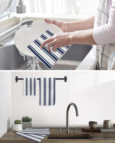 Navy Blue Striped Hand Towels Set, Waffle Weave Kitchen Towels 3 Pieces, Farmhouse Aesthetic Modern Stripes Microfiber Hair Face Bath Tea Towel Absorbent Quick Drying Cleaning Dish Cloths, 15.7"x23.6" - color: Navy, White, Blue, size: 3PCS,15.7"x23.6"