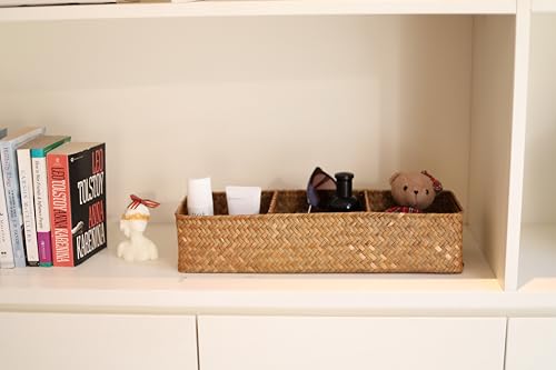 Seagrass Storage Basket Woven Shelf Baskets for Bathroom Vanity Dresser Organizer 14.6inch x 4.7inch x 3.1inch - color: 3 Section without Lid