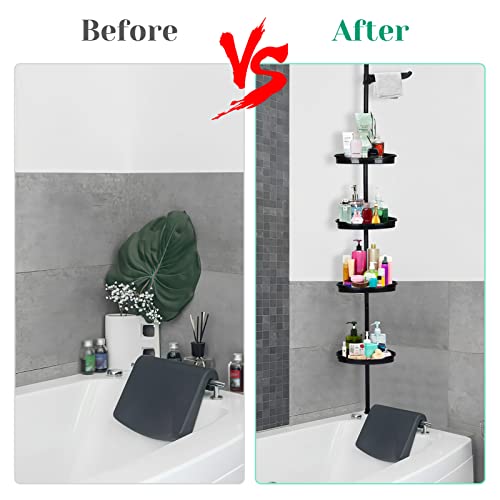 360° Rotating Corner Shower Caddy Organizer Tension Pole, 4-Tier Adjustable Rustproof Corner Shelf with Metal Pole for Inside Shower, Extra Towel Bar & Soap Dish, Bathroom Storage for Bathtub, Black