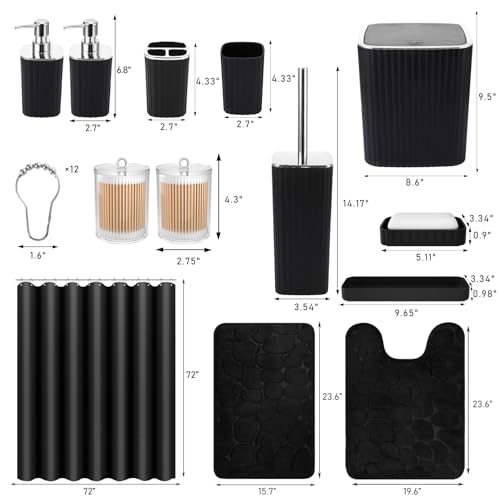 XLHOMO Bathroom Set with Shower Curtain and Rugs- 25PC Bathroom Accessory Set, Black Bathroom Set, Toilet Brush, Trash Can, Qtip Holder & Soap Dispenser - size: Bath Set+Shower Curtain+Rugs, style: Black&Silver