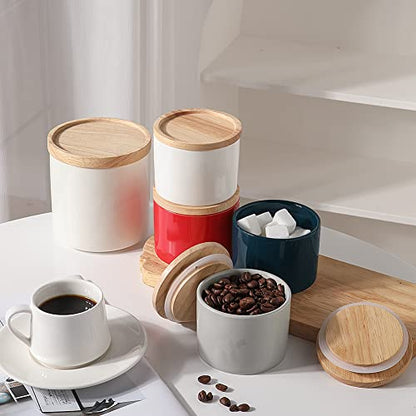 Sweejar Kitchen Canisters Ceramic Food Storage Jar, Stackable Containers with Airtight Seal Wooden Lid for Serving Ground Coffee, Tea, Sugar, Spice and More - 5 Fl Oz(Gray)