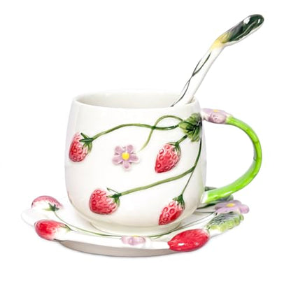 Noviko Strawberry Tea Cup with Saucer Ceramic Strawberry Coffee Mug (1, A)