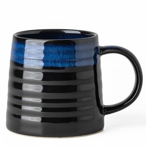 15.5oz Large Heavyweight Ceramic Mug, Reactive (Blue-Black) | 15.5oz Medium-Large, Heavy Weighted Stoneware, Reactive Transmutation Glaze, Microwave & Dishwasher Safe, Gift Box - color: Blue-Black