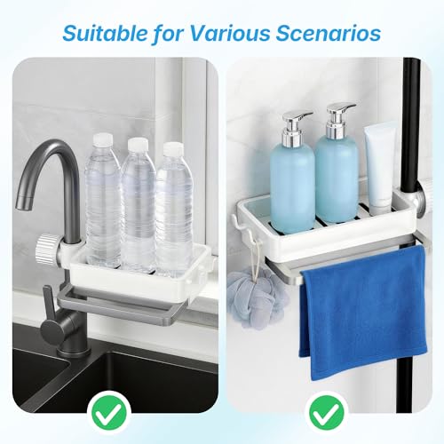 Sink Caddy Kitchen Sink Organizer, 360° Rotating Faucet Sponge Holder for Kitchen Sink with Pull-Out Drain Tray 3 Compartments Hanging Sink Caddy for Sponge Dish Brush Cloth,White