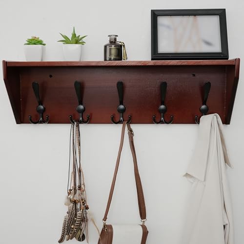 WEBI Coat Rack Wall Mount with Shelf,24" Long Wall Shelf with Hooks Underneath,5 Triple Hooks for Entryway,Hallway,Bedroom,Cherry - color: Cherry, size: 24 Inch