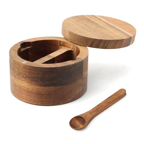 Wood Salt & Pepper Bowl with Magnetic Swivel Lid - Built-in Spoon, Natural Wood Grain, for Kitchen Spice Storage or Gifting(COLOR:Two Compartment)