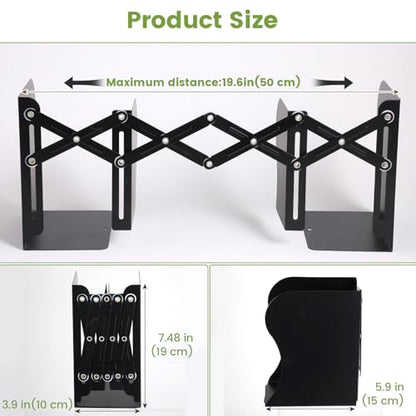 2PCS Heavy Duty Metal Bookends, Adjustable Book Organizer for Shelves & Desk with Non-Slip Pads, 3 Compartments, Extends up to 19 inches, Office & Home Use (Black)