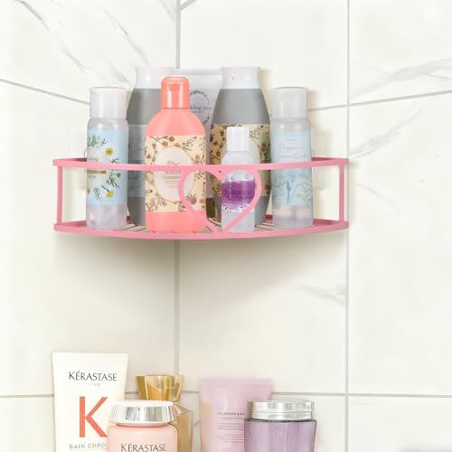 2 Pack Pink Heart Corner Shower Caddy No Drilling Pink Shower Shelves Coquette Corner Caddy with 5 Adhesive Hooks Sweet Decor for Bathroom Kitchen Bedroom - style: Heart