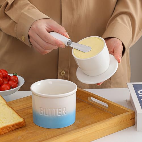 Butter Jar, French-Style Butter Dish with Lid, with Water Line, Countertop Suitable, Housewarming Gift Box, Kitchen & Home Decoration (gradient blue, Ceramic) - color: gradient blue