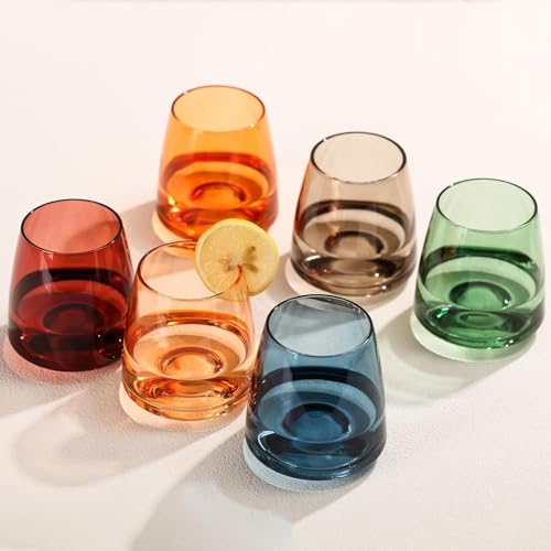 Colored Stemless Wine Glasses Set of 6-15 oz Hand-Blown Crystal Colored Glassware, Multicolor Glassware for Lovers, Wedding, Birthday, Christmas, Housewarming Gifts for Women - color: Stemless
