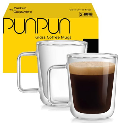 PunPun 16oz.480ml Clear Glass Mugs Large Coffee Mugs, Jumbo Insulated Double Wall Glasses, Premium Glasses Set with Big Handle, Iced Coffee Cup Set of 2 - color: 480ml / set of 2