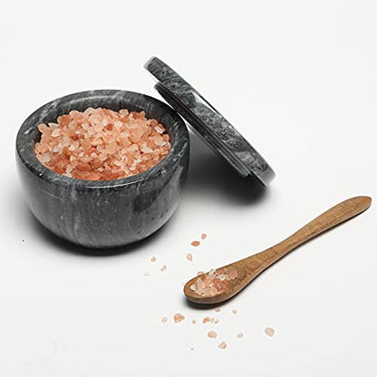 jalz jalz Black Marble Salt Cellar with Lid, Large 10oz Spice Keeper Pot with spoon - color: Black Cover Black Base