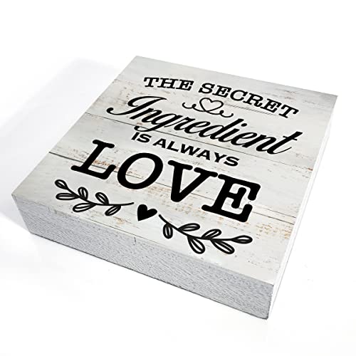 Secret Ingredient is Always Love Kitchen Quote Wood Box Sign Rustic Wooden Box Sign Farmhouse Home Kitchen Desk Shelf Decor (5 X 5 Inch) - color: white