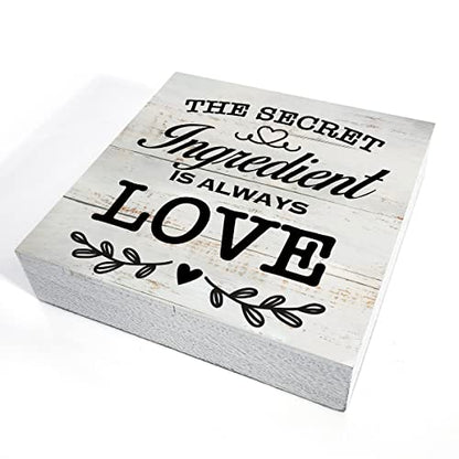 Secret Ingredient is Always Love Kitchen Quote Wood Box Sign Rustic Wooden Box Sign Farmhouse Home Kitchen Desk Shelf Decor (5 X 5 Inch) - color: white