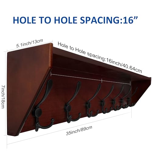 WEBI Coat Rack Wall Mount with Shelf,35" Long Wall Shelf with Hooks Underneath,7 Triple Hooks for Entryway,Hallway,Bedroom,Cherry - color: Cherry, size: 35 Inch