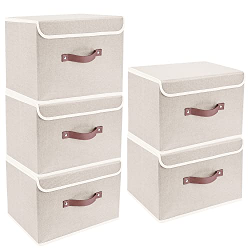 Foldable Storage Boxes with Lids 5 Pack Fabric Storage Bins with Lids, Closet Organizers for Clothes Storage, Room Organization, Office Storage, Toys - Beige - color: Beige, size: 5-pcs 14.9x9.8x9.8 in