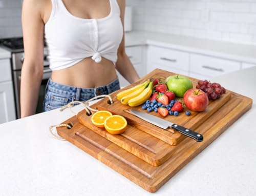 Acacia Wood Cutting Board Set of 3, Wooden Chopping Boards, 15x10" | Large Wooden Chopping Boards for Meat, Vegetables, Cheese & Charcuterie, Heavy Duty - color: Natural, size: 15x10"
