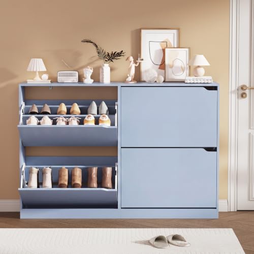 Shoe Storage Cabinet, Wood Shoe Organizer for Entryway with 3 Flip Drawers, Freestanding Shoe Rack with Adjustable Shelf, Narrow Shoe Dresser for Front Door Entrance (Blue, Standard 4 Drawers) - color: Blue, size: Regular 4 Drawers
